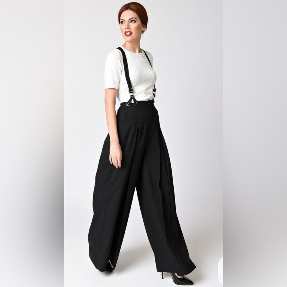 Voodoo Vixen Black Wide-Leg Pants with Suspenders